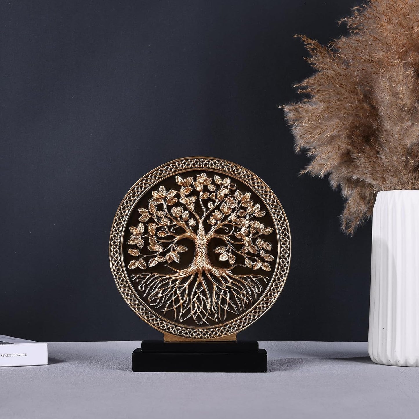 DOVDOV Abstract Circular Tree of Life Decorative Sculpture, Black and Gold Home Decor, Modern Art Home Accent Suitable for Office Shelves, Coffee Tables, and Above Cabinet Decorative Statue.