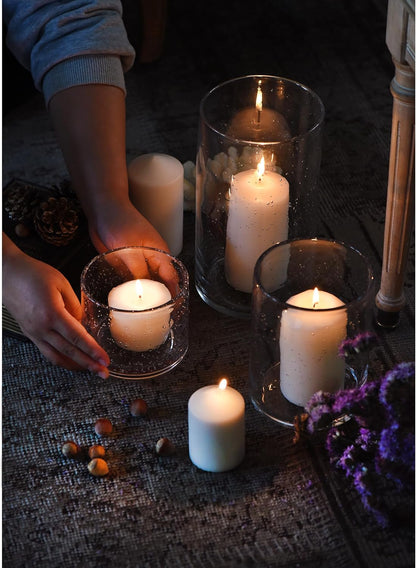 Hurricane Candle Holders for Pillar Hand Blown Glass Cylinder Vases Table Centerpiece Bulk Room Decor Clear Seeded Bubbles Living Dining Kitchen Island 10" 7" 4" Set of 3