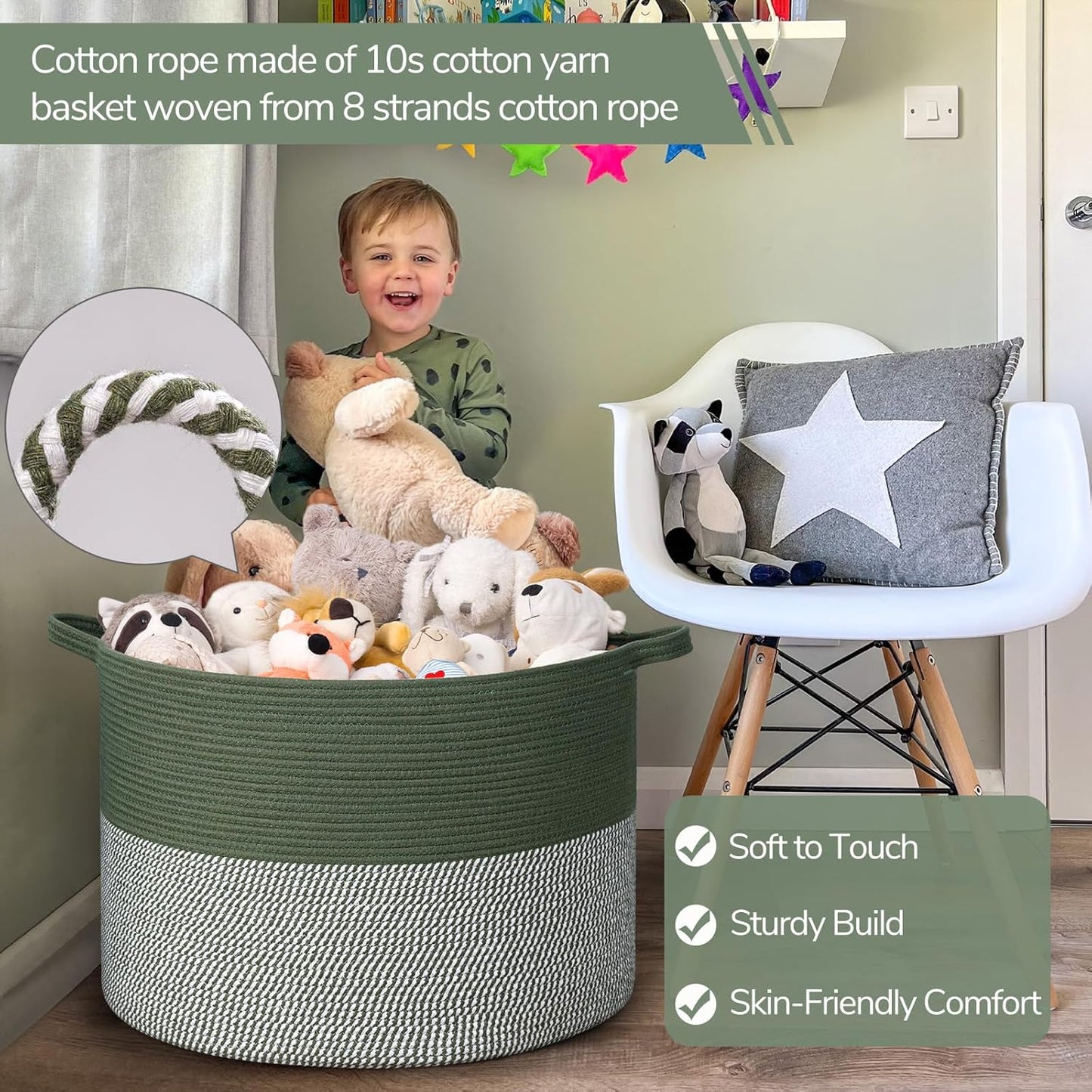 INDRESSME XXXLarge Blanket Basket for Living Room 21.7" x 21.7" x 13.8"-Storage Basket with Handle for Organizing Toy Pillows Woven Cotton Rope Laundry Basket Stuffed Animal Toy Storage for Play Room