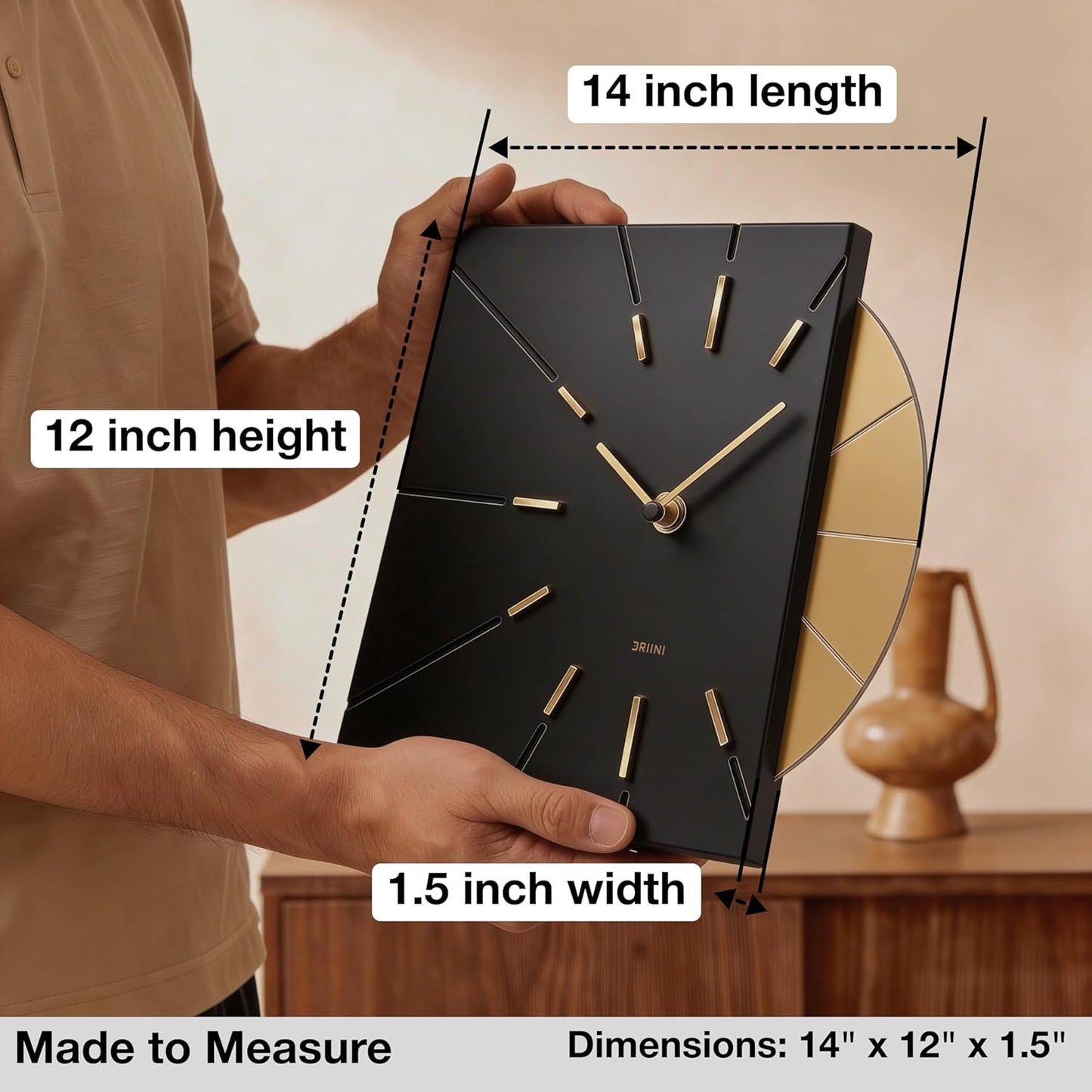Driini Clocks Mid Century Modern Wall Clock - Square Green Clock with Decorative Gold Accent- Unique and Cool Clock, Battery Operated - MCM Decor & Decorative Wall Clock for Mid Century Modern Decor.