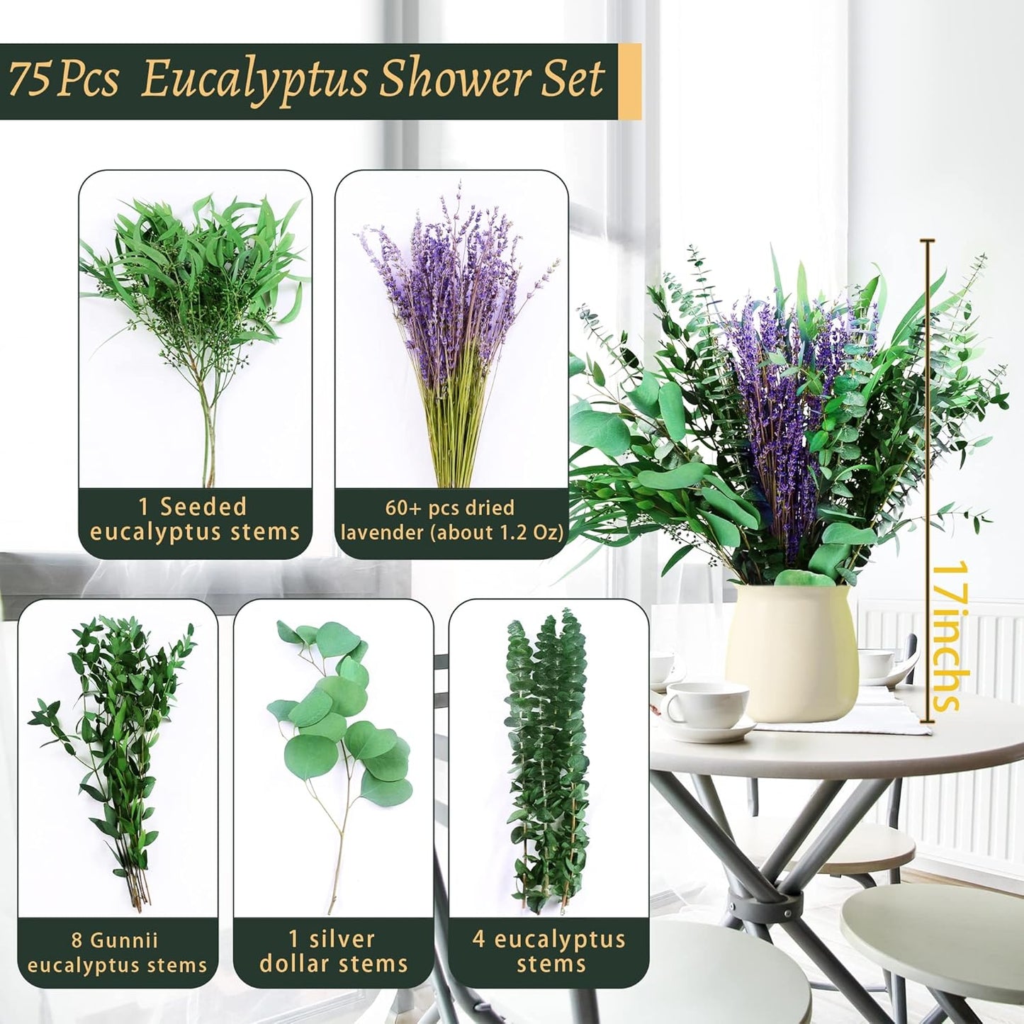 30 Pcs Dried Preserved Eucalyptus Stems Shower Bundle, 9oz 17" 100% Natural Fresh Eucalyptus Plant, Real Eucalyptus Leaves Branches for Shower Vase Filler, Dried Flowers Arrangement Home Decor