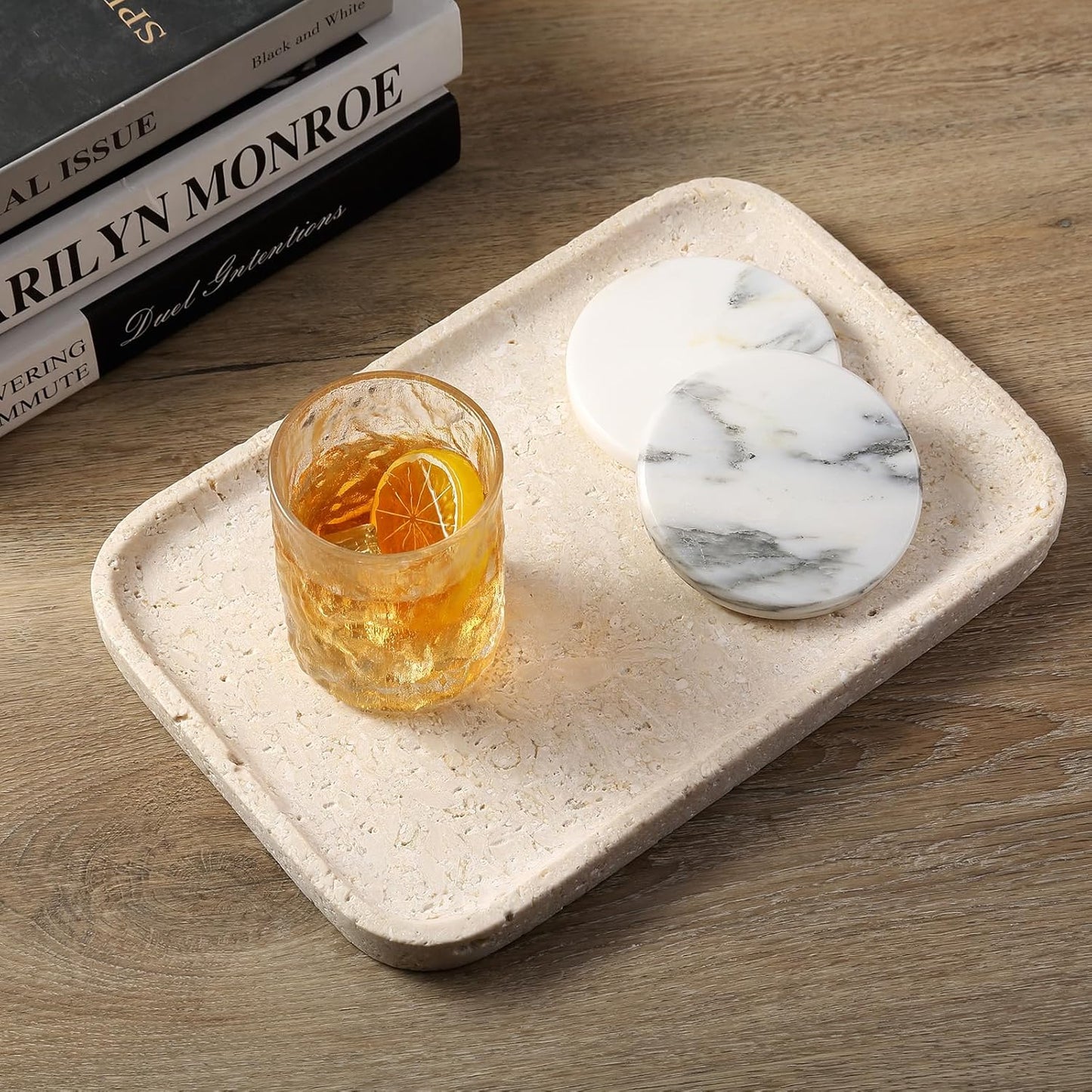 Marble Vanity Tray for Dresser Organizer, Travertine Bathroom Tray Countertop, Beige Decorative Serving Trays, Kitchen Sink Storage, Jewelry & Perfume Holder(Travertino Romano)