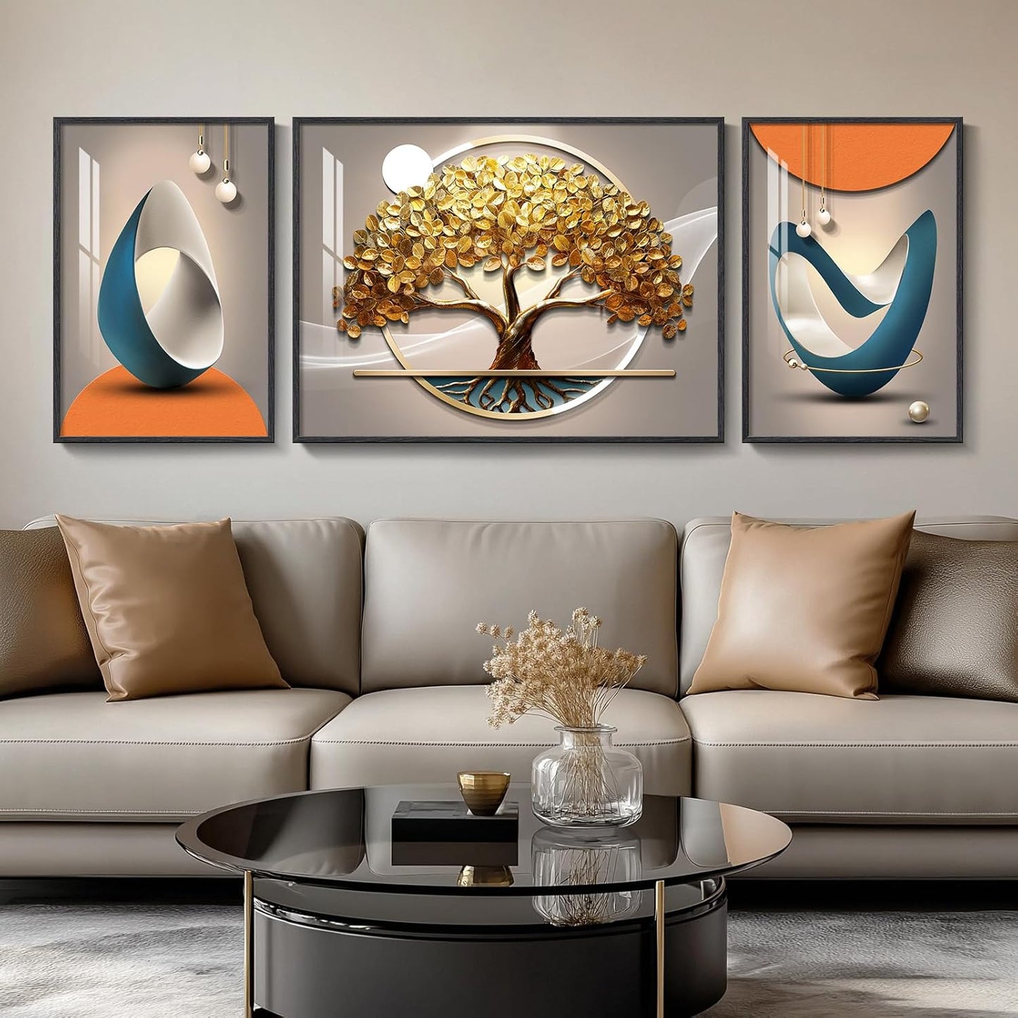 Framed Modern Luxury Gold Wall Art, Set of 3 Piece Contemporary Paintings Artwork for Walls, Golden Prints Pictures with Gold Frame, Wall Decor for Living Room, Hallway, Bedroom, Office 16x24 Inch