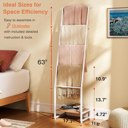 DGWJSU Blanket Ladder, 5 Tier Ladder Shelf,Wooden Blanket Ladders for Living Room and Bedroom, 5.2ft Blanket Holder Rack Farmhouse Ladder Rack for Storage and Home Decor, Rustic Brown and Black