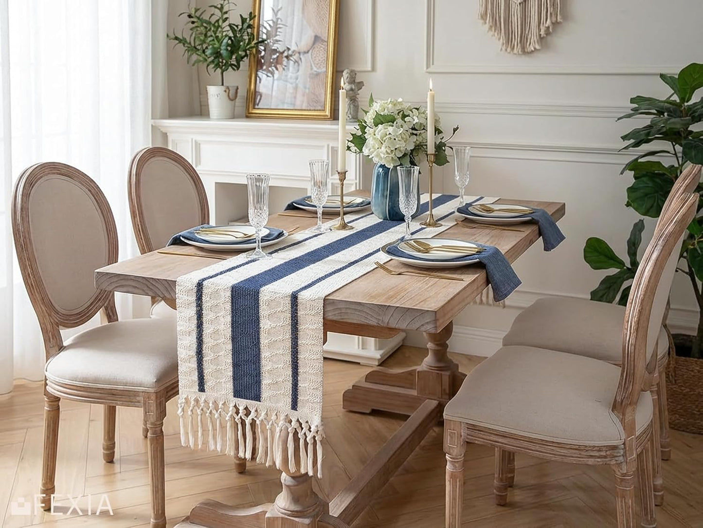 FEXIA Boho Table Runner for Thanksgiving Fall Christmas Home Decor with Tassels 72 Inches Long Pottery barn Furniture Farmhouse Rustic Macrame Burlap Table Decoration for Living Room (12x72 Inches)