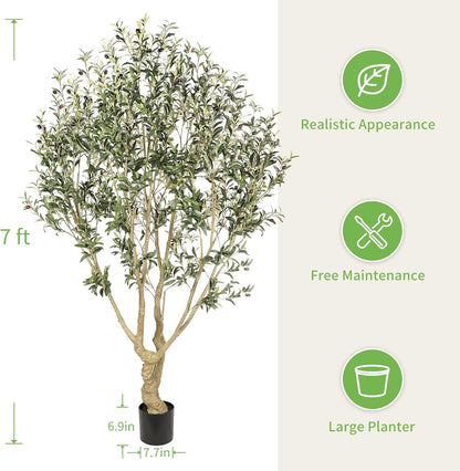 Realead Artificial Olive Tree 8ft - Large Faux Olive Tree with Realistic Leaves and Olives - Full and Grand Design Fake Olive Tree with Sturdy Base for Indoor Outdoor Office Decor