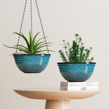 Vanslogreen 2 Pack Hanging Planters for Indoor Outdoor Plants, 10 Inch Hanging Planter with Drainage Hole & Plug Glazed Hanging Baskets Flower Pots for Garden Home (Blue)