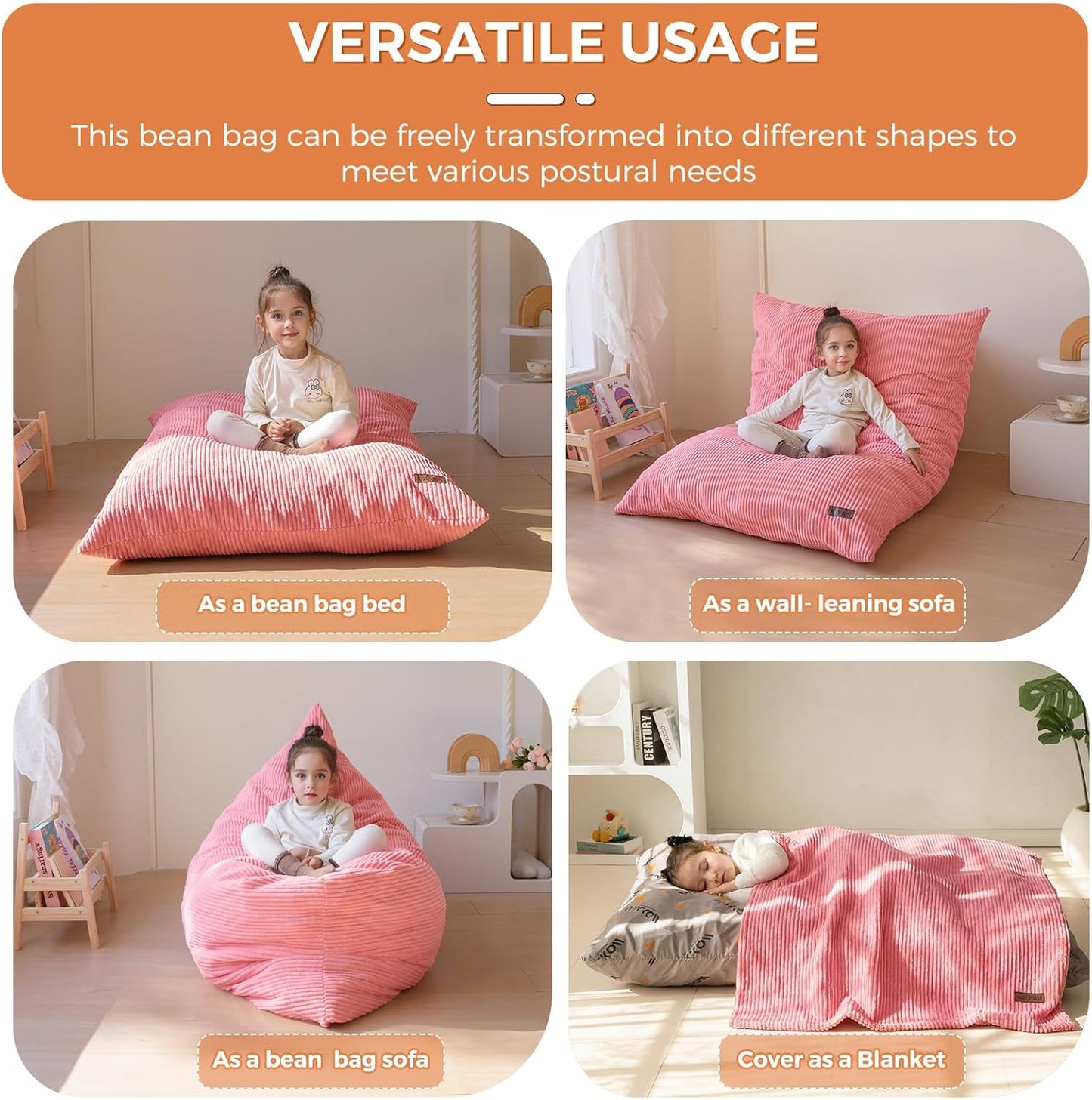 MAXYOYO 3 in 1 Kids Bean Bag Chair Couch, Convertible Chair Folds from Bean Bag to Lounger, Child Floor Sofa for Gaming, Reading, Floor Mattress with High-Density Foam Filling