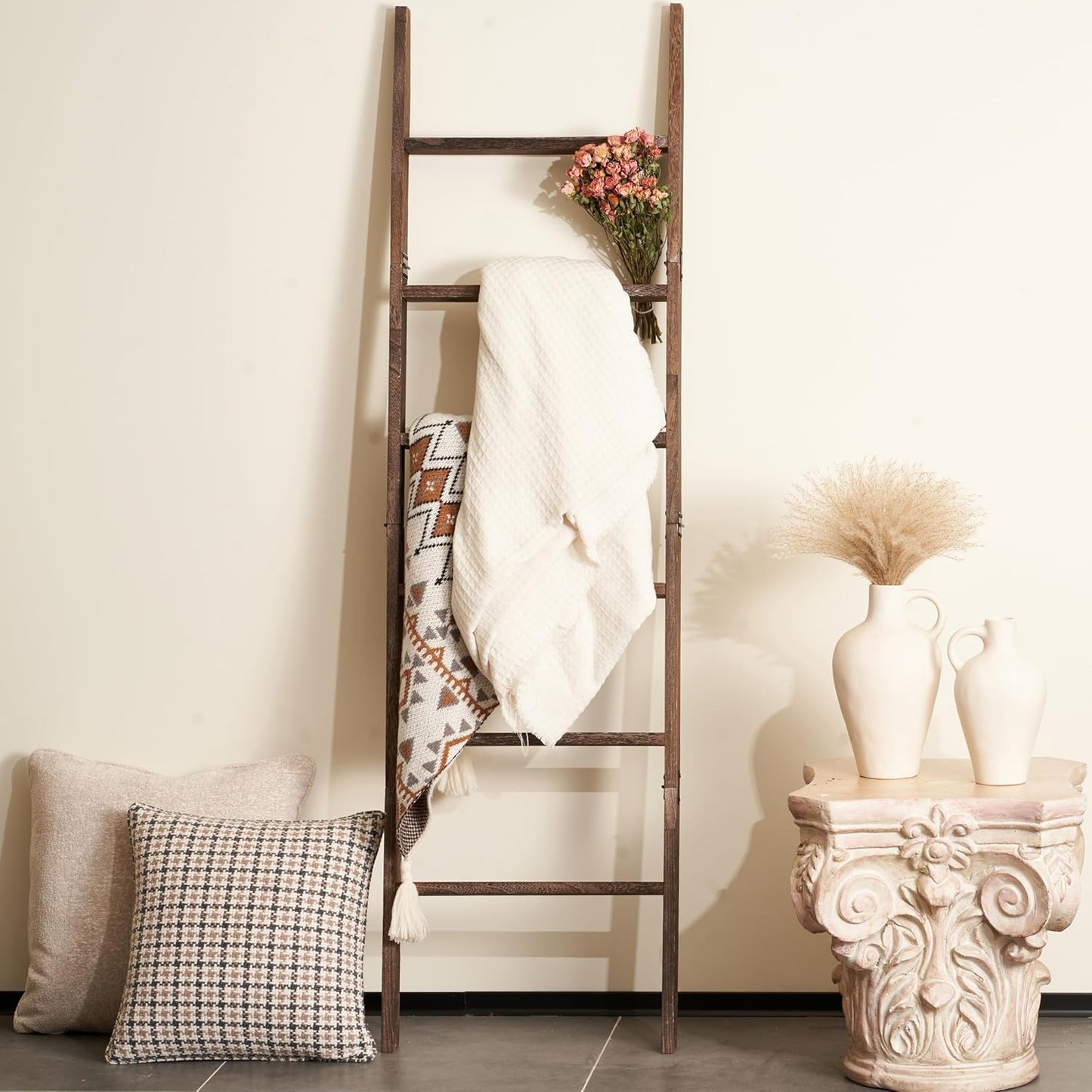 Blanket Ladder for the Living Room 6-Tier, Wooden Decorative Quilt Holder for Bed room, Wall-Leaning Towel Rack for Bathroom，Rustic Farmhouse Ladders for Display. (Dark Brown)