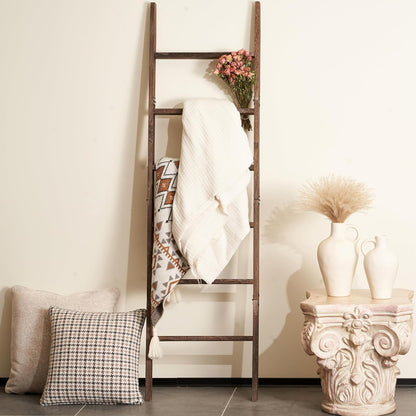Blanket Ladder for the Living Room 6-Tier, Wooden Decorative Quilt Holder for Bed room, Wall-Leaning Towel Rack for Bathroom，Rustic Farmhouse Ladders for Display. (Dark Brown)