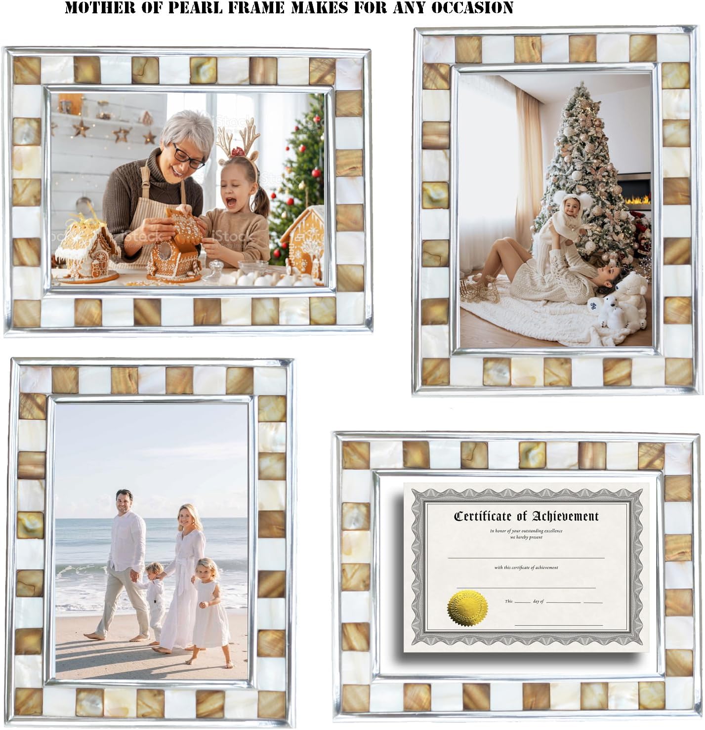 Silver Plate Picture Frame 5x7 Mother of Pearl 5 by 7 Photo Frame Mosaic Glass Tabletop Frame (Grey+ White,1pc)