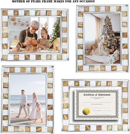 Silver Plate Picture Frame 5x7 Mother of Pearl 5 by 7 Photo Frame Mosaic Glass Tabletop Frame (Grey+ White,1pc)