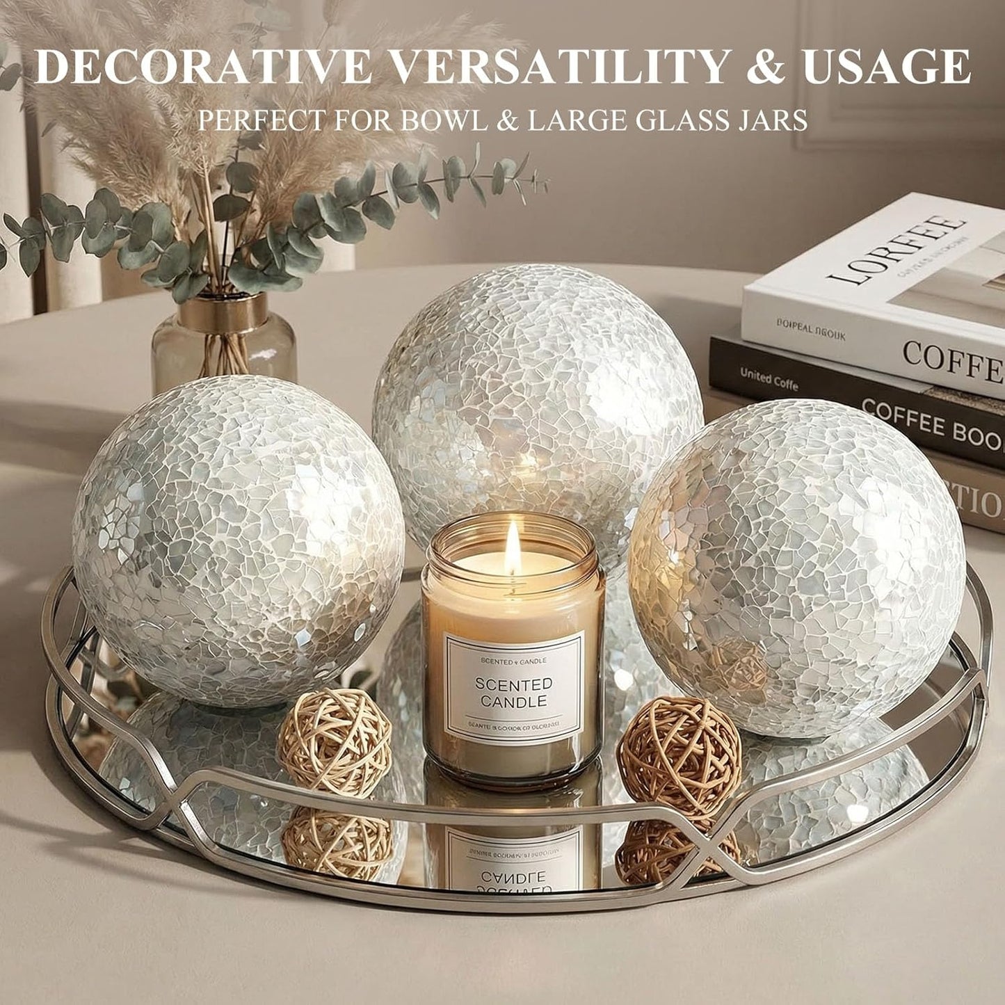 DomeStar 3PCS Decorative Balls, Mosaic Glass Orbs Centerpiece Balls 4inch Gold Orbs for Decorate Bowls Vases Tables Wedding Party