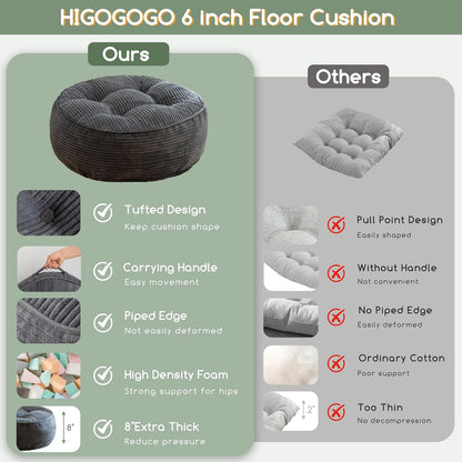 HIGOGOGO 6" Extra Thick Floor Pillow Cushion for Adults, Meditation Cushion Pillow, Large Square Floor Sitting, Tufted Corduroy Cover, for Tatami Living Room or Yoga, 22x22 Inch, 2Pack, Dark Grey