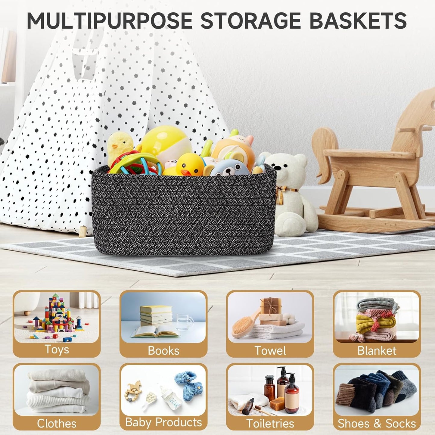 3-Pack Small Storage Baskets for Organizing | Woven Shelf Toy Basket | Rope Baskets for Gifts Empty | Closet Organizer Bins with Handles | Cube Decorative Box | 11.8×7.8×5.1” | Mixed brown