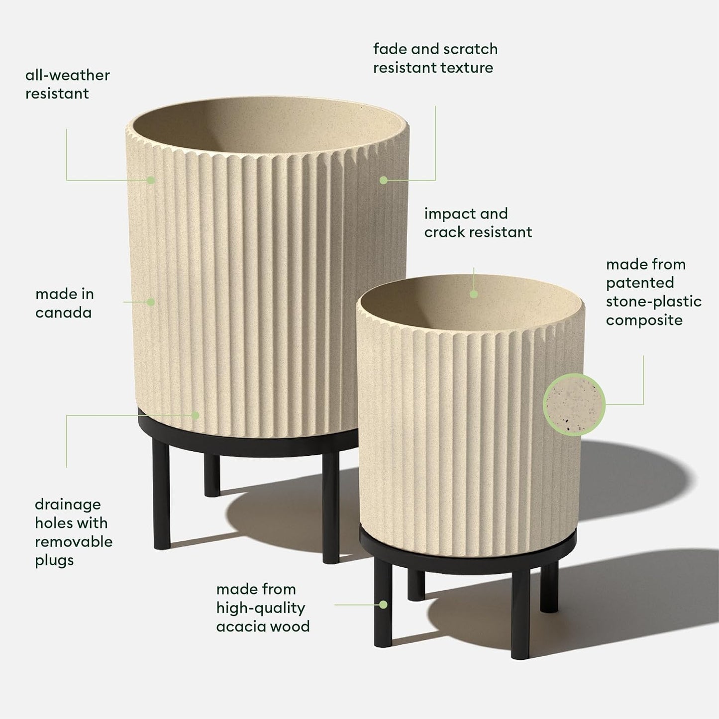 Veradek Demi Series Round Planter w/ Stand for Porch/Patio | Durable Plastic-Concrete & Wooden Stand | Modern Décor for Tall Plants, Flowers