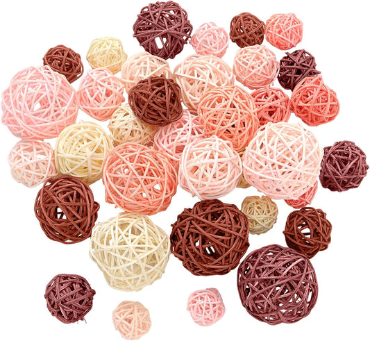 Patelai 36 Pcs Wicker Rattan Balls Decorative Balls for Vase Centerpiece Bowls Orbs Filler for Home Decor,4 Sizes(Blue, Light Brown, Dark Brown, White,2.4'',2'',1.6'',1.2'')