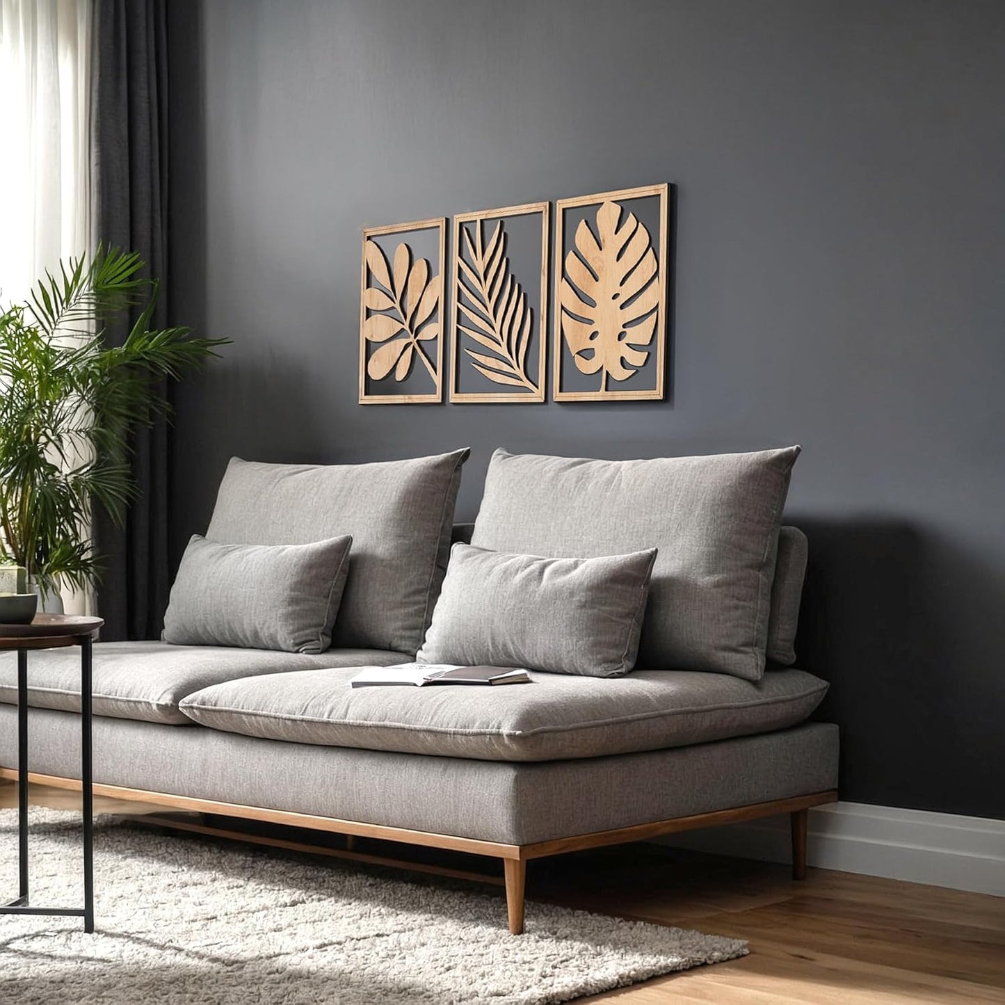 qmmp Modern Wooden Wall Sculptures - Set of 3 - Home Decor Accent - Large Wall Art for Living Room, Bedroom, Office - Easy Installation (Oak, Medium - Mountain and Sun)