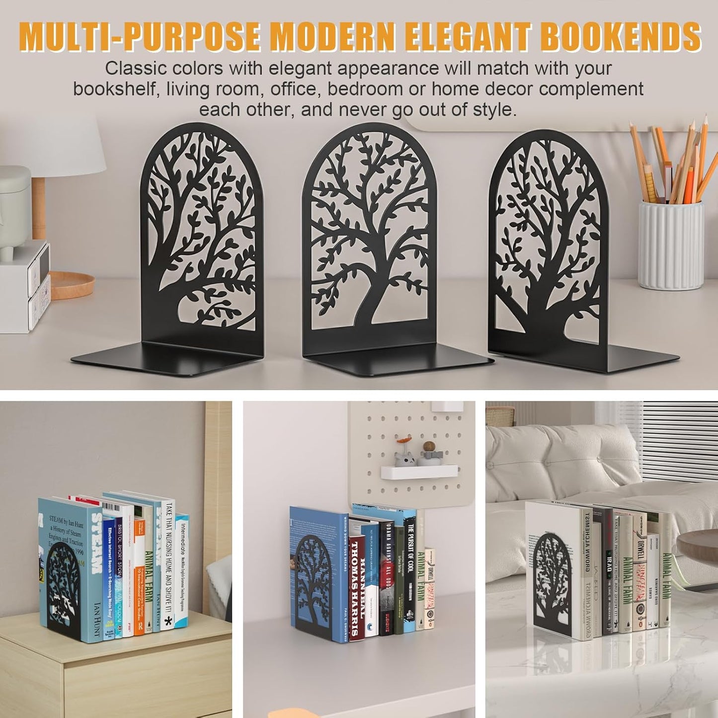 VFINE Bookend 3 Pairs, Decorative Book End, Bookends for Shelves, Desktope Book Ends, Book Stopper to Hold Books, Unique Black Metal Tree Book Holder for Home Office