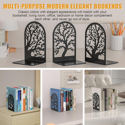 VFINE Bookend 3 Pairs, Decorative Book End, Bookends for Shelves, Desktope Book Ends, Book Stopper to Hold Books, Unique Black Metal Tree Book Holder for Home Office