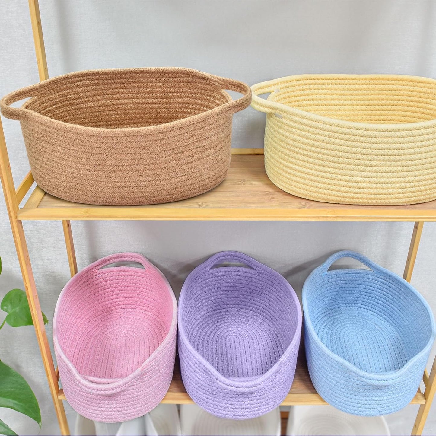 ABenkle Small Basket with Handles, Boho Decorative Rope Woven Dog Cat Toy Storage Bin Shelf Storage Organizer, Easter Christmas Gift Basket, 12"x8"x5", White