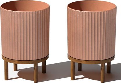 Veradek Demi Series Round Planter w/ Stand for Porch/Patio | Durable Plastic-Concrete & Wooden Stand | Modern Décor for Tall Plants, Flowers