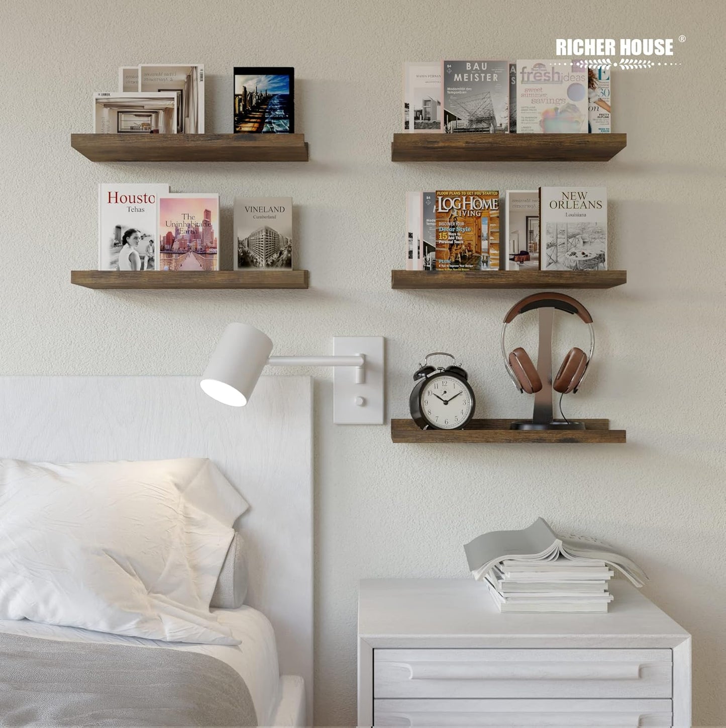 RICHER HOUSE 5 Set Floating Wall Mounted Shelves, Black Shelves for Wall Decor, Modern Picture Ledge Shelf with Lip for Storage, Nursery, Bedroom, Living Room, Bathroom - Black