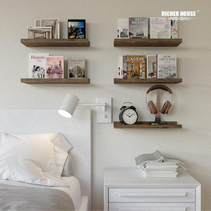 RICHER HOUSE 5 Set Floating Wall Mounted Shelves, Black Shelves for Wall Decor, Modern Picture Ledge Shelf with Lip for Storage, Nursery, Bedroom, Living Room, Bathroom - Black