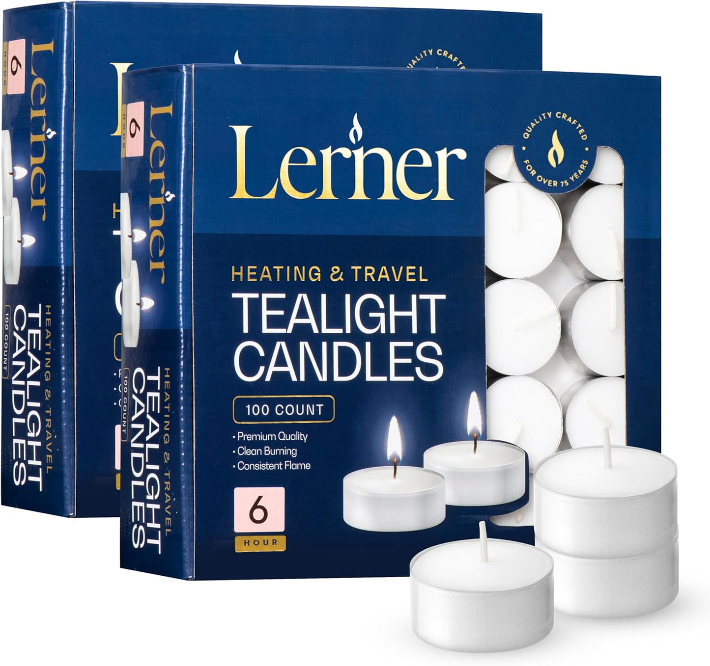 Lerner Tealight Candles, 50 Count| 4.5 Hours Long-Burning White Tea Light Candles| Non-Toxic, Smokeless & Soot-Free Tea Light Warmer Candles | Unscented Party, Décor, Shabbat Tea Candles