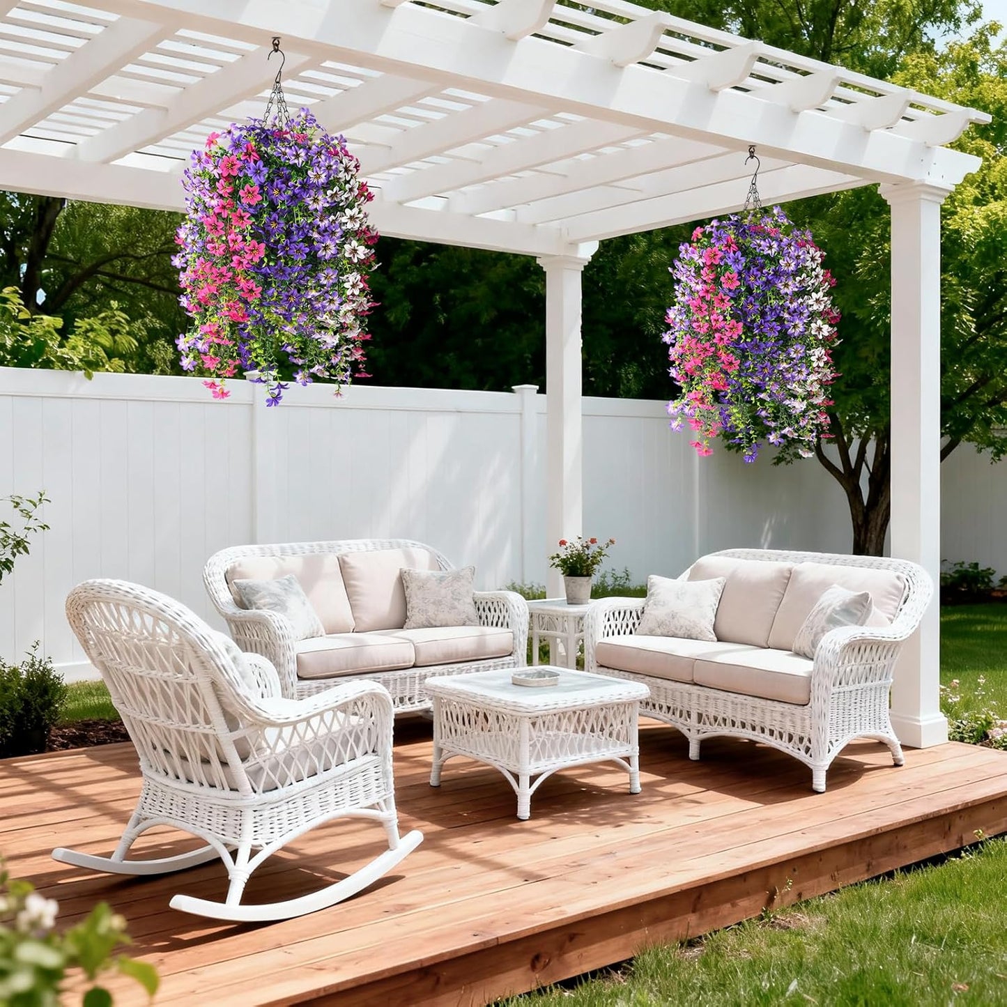 INQCMY Artificial Fake Hanging Plants Flowers Basket for Spring Summer Outdoor Outside Porch Decoration,UV Resistant Faux Silk Violet in Planter for Home Patio Balcony Garden Yard Decor(Red)