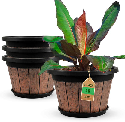 Quarut 4 Pack 10 inch Plant Pots,Upgrade Whiskey Barrel Planters with Drainage Holes & Saucer,Plastic Decoration Flower Pots Retro Design,Planters for Outdoor Indoor Garden Home Plants (Brown)