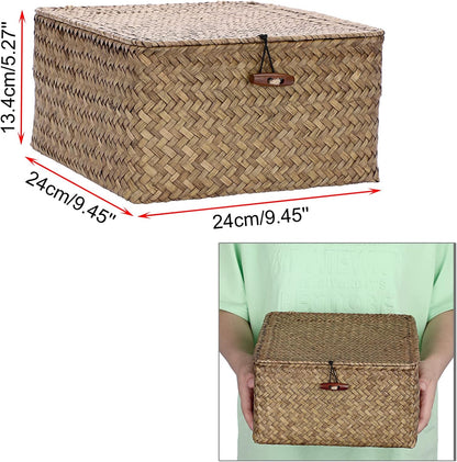 Hipiwe Seagrass Basket with Lid Wicker Storage Basket Square Handwoven Decorative Baskets Box for Shelf Multipurpose Household Baskets Home Decor,X-small
