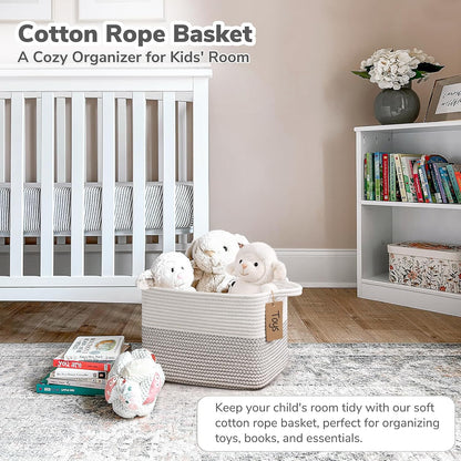 Goodpick Woven Storage Basket, Cotton Rope Basket for Dog Toys, Books, Stylish Gift Basket with Handles, 13 x 10 x 9 Inches Square Baskets for Organizing, Brown and White