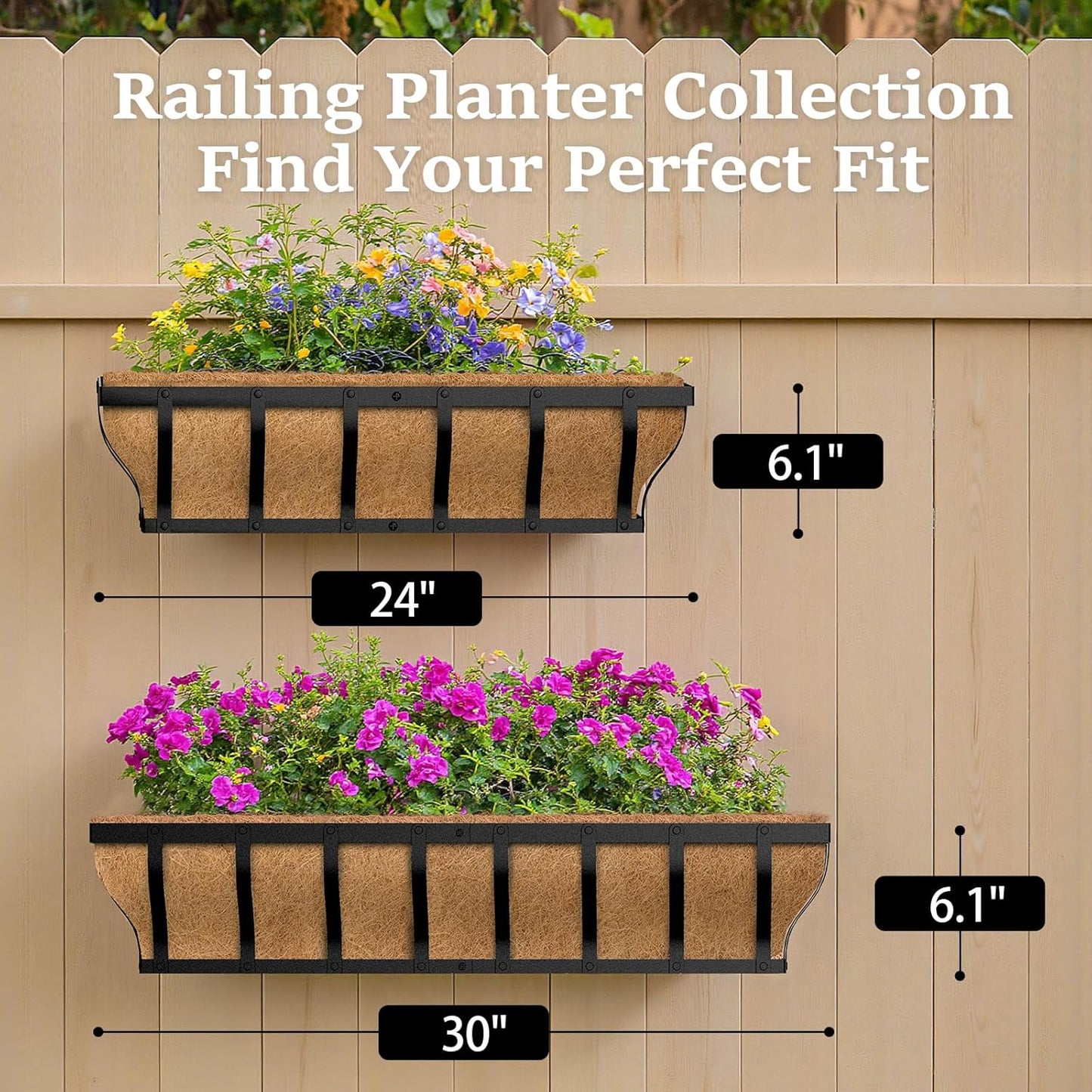 VOXOR Railing Planter Boxes, Heavy Duty Window Box Planters, Adjustable Balcony Planters for Railing Hanging, with Coco Liner & Support Rod for Deck, Porch, and Patio Gardening (2 Pack, 24 Inch)