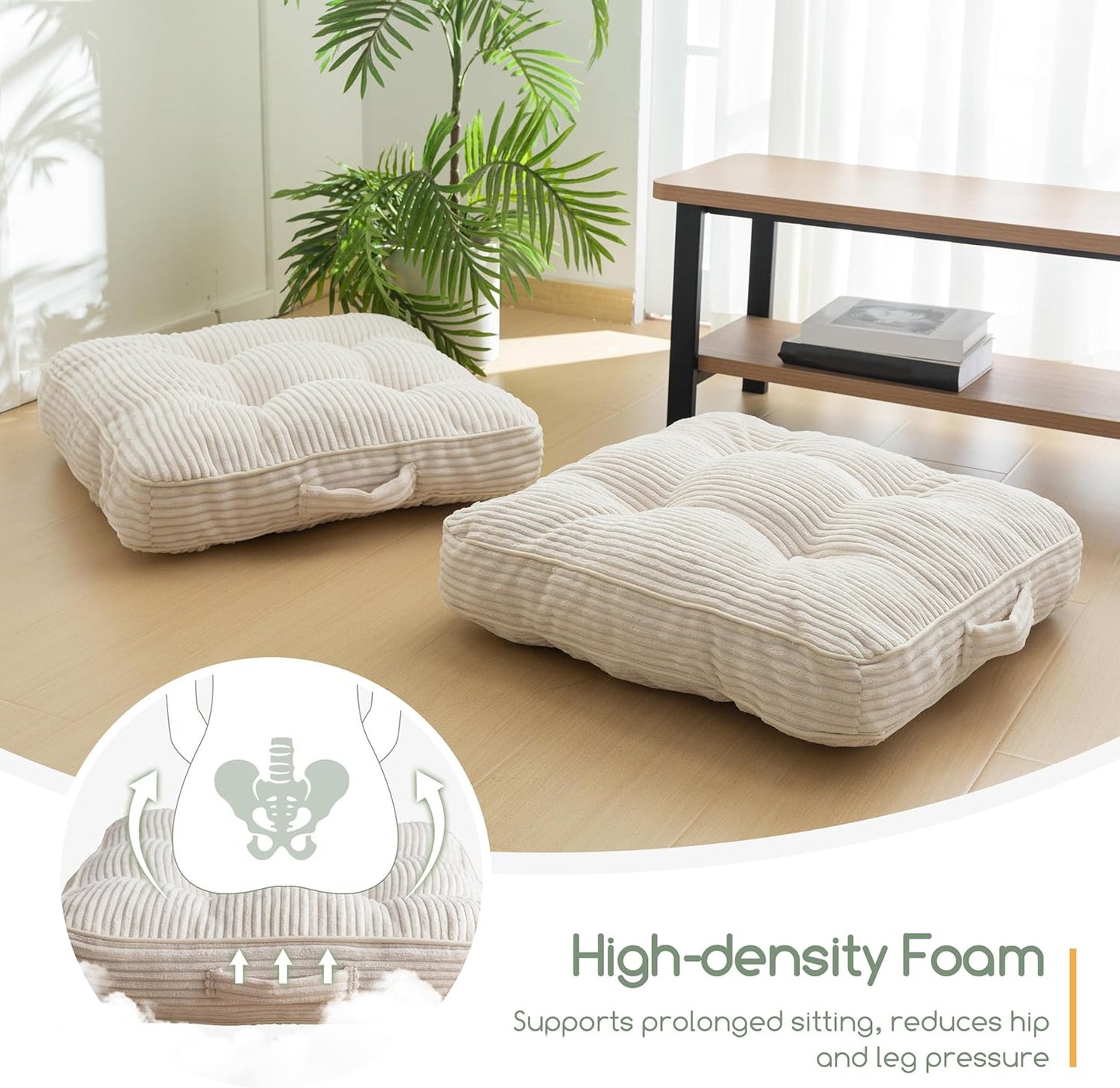 HIGOGOGO 6" Extra Thick Floor Pillow Cushion for Adults, Meditation Cushion Pillow, Large Square Floor Sitting, Tufted Corduroy Cover, for Tatami Living Room or Yoga, 22x22 Inch, 2Pack, Dark Grey