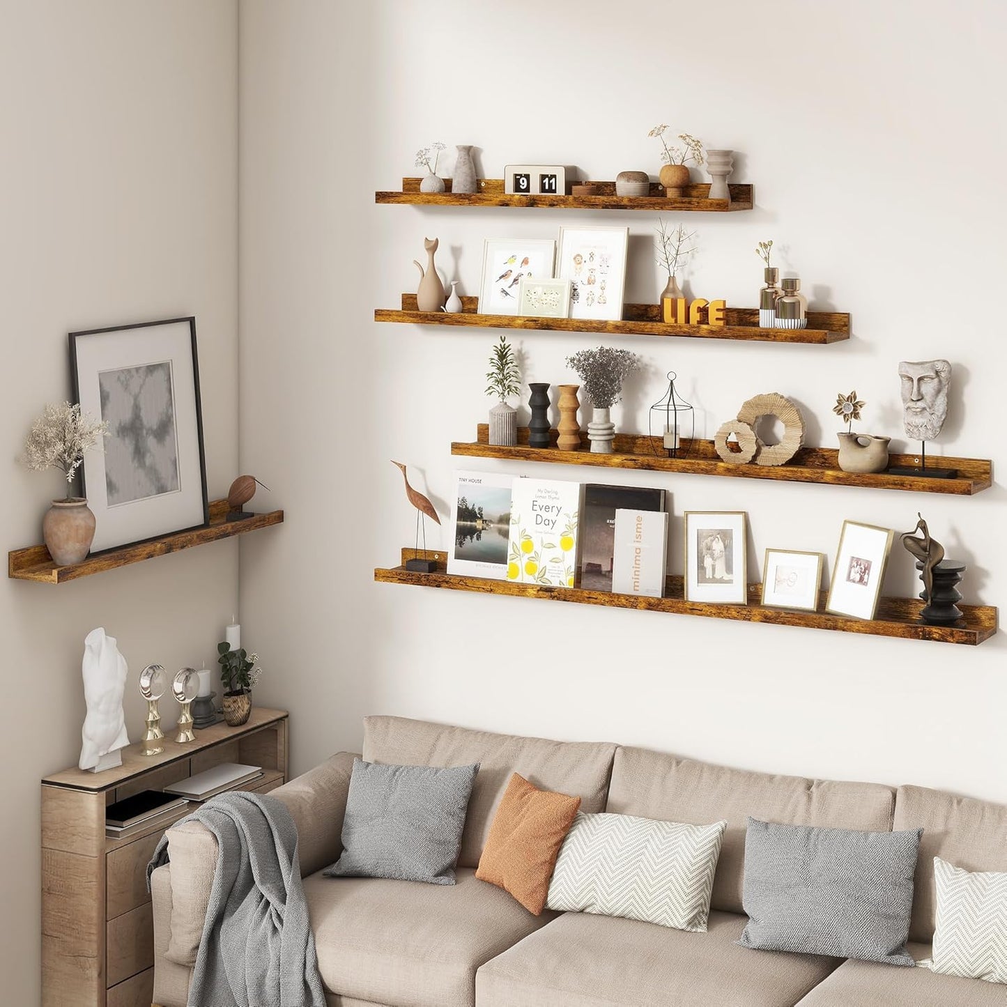 FLYJOE Picture Ledge Shelf, Floating Shelves Set of 2, 48 Inches Long Large Nursery Book Shelves for Toys Storage, Kids Bookshelf Wall Mounted for Living Room Bedroom Decor Books Photo Frames, Walnut