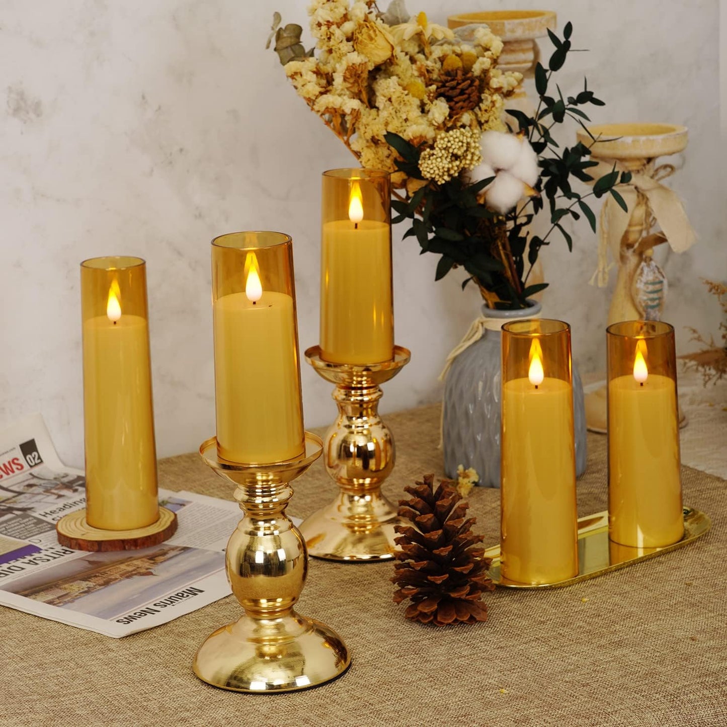 Amagic Pure White Flameless Candles, Battery Operated Candles, Acrylic Flickering LED Pillar Candles with Remote Control and Timer, 3D Wick, Yellow and Blue Glow, D2.2 xH5 5" 6" 7" 8", Set of 5