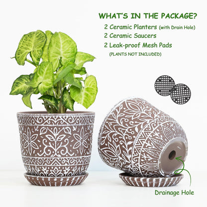 Gepege 6 Inch Beaded Ceramic Planter Set of 2 with Drainage Hole and Saucer for Plants, Indoor-Outdoor Large Round Succulent Orchid Flower Pot (Smoked Gray, Inner-pots not Larger Than 5 Inch)