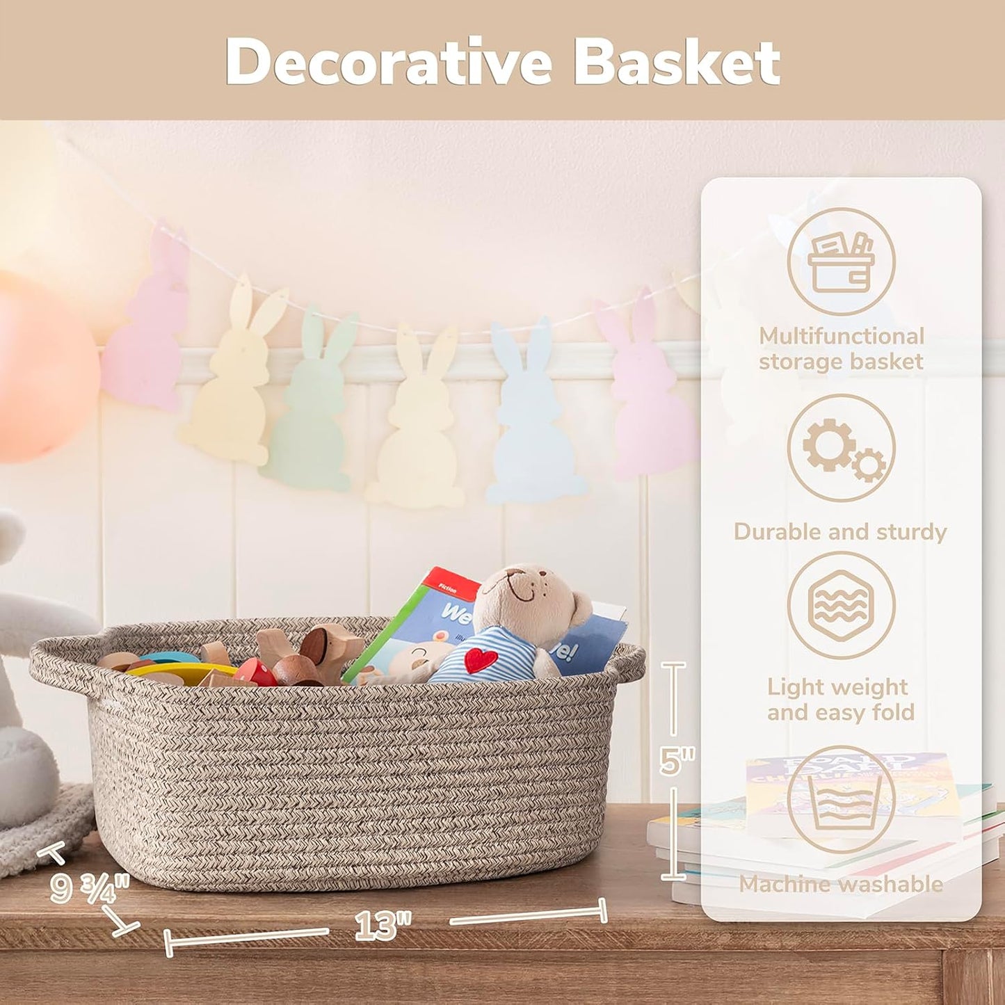 CHICVITA Decorative Gift Basket, Easter Basket for Kids, Woven Rope Storage Baskets with Handles, Nursery Baby Shower Toy Organizer, Grey, 13 x 9.8 x 5 inches