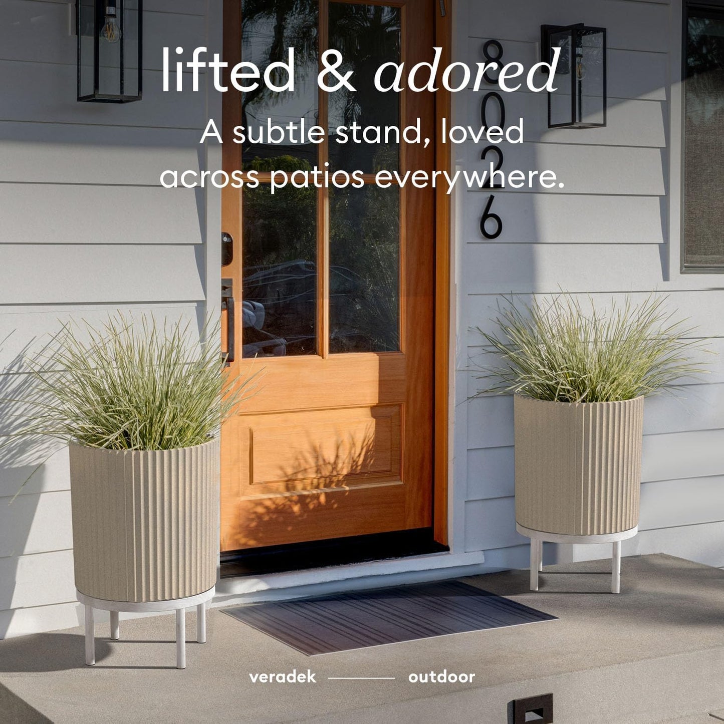 Veradek Demi Series Round Planter w/ Stand for Porch/Patio | Durable Plastic-Concrete & Wooden Stand | Modern Décor for Tall Plants, Flowers