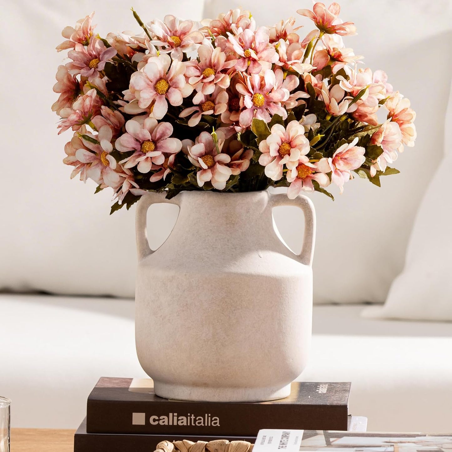 Mitt&Ditt Ceramic Flower Vase with Handles, 11 inch Tall Vase for Centerpieces, Large Decorative Terracotta Vases, Farmhouse Rustic Vases for Home Decor, Living Room, Table, Neutral