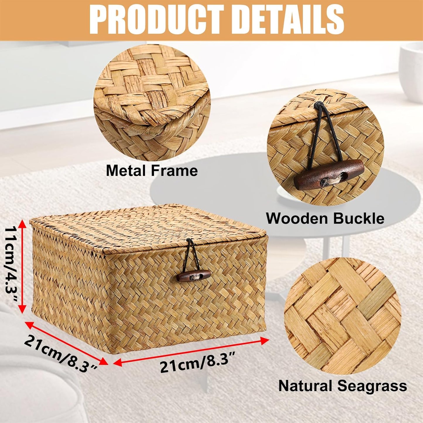 Hipiwe Seagrass Basket with Lid Wicker Storage Basket Square Handwoven Decorative Baskets Box for Shelf Multipurpose Household Baskets Home Decor,X-small