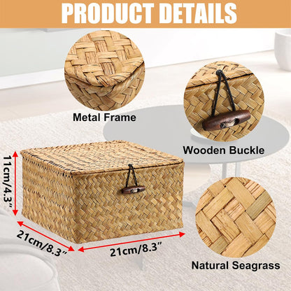 Hipiwe Seagrass Basket with Lid Wicker Storage Basket Square Handwoven Decorative Baskets Box for Shelf Multipurpose Household Baskets Home Decor,X-small