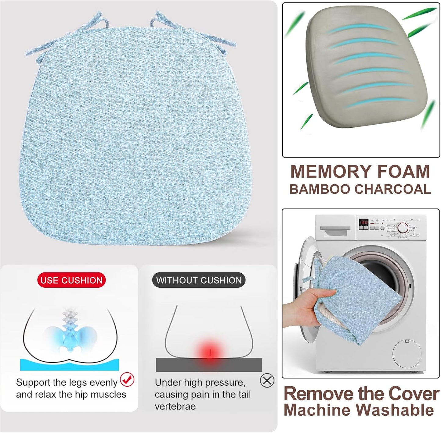 SINOSSO 1 Pack Memory Foam Chair Cushions for Dining Chair, Friendly Woven Fabric 16" U-Shape Comfortable Kitchen Chair Pad, Removable Slip Resistant Seat Cushion (1 Piece, Blue)