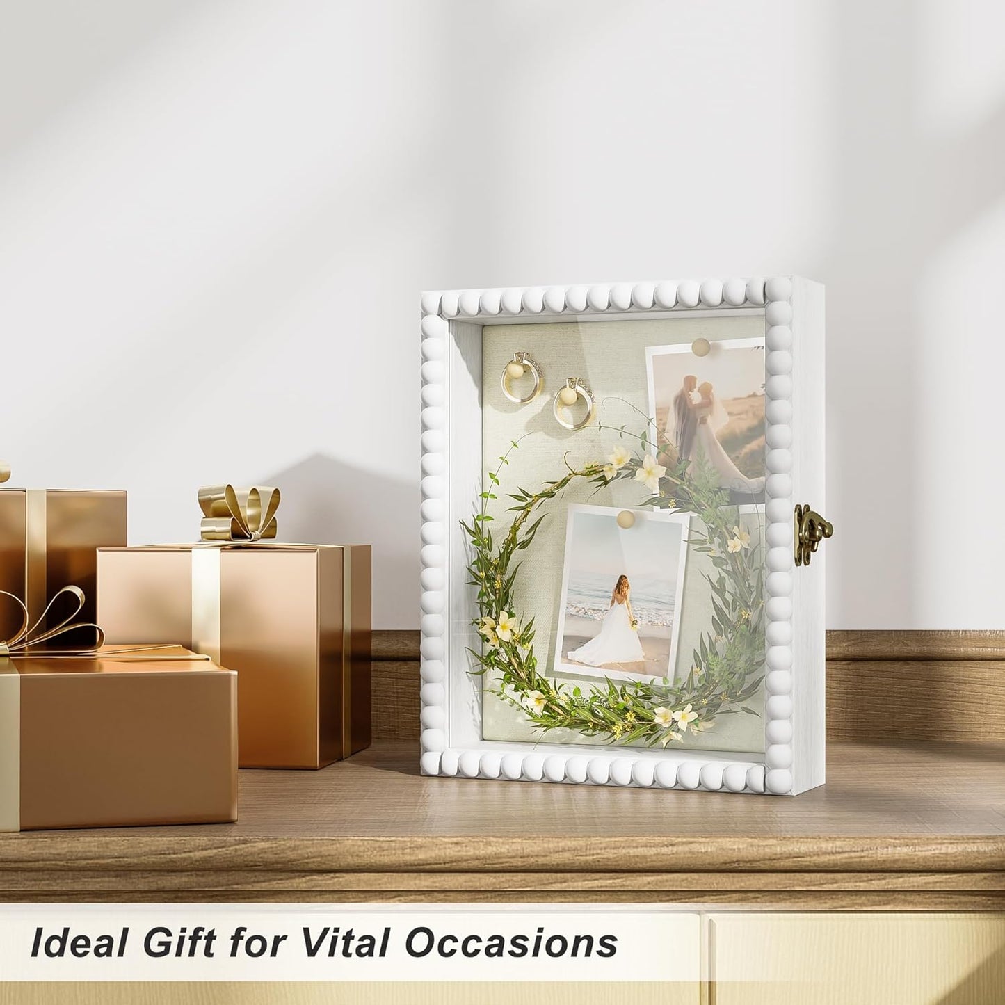 Love-KANKEI Shadow Box Frame 11x14, Deep Large Shadow Box Display Case with Unique Beads Door and Glass Window, Wood Memory Box for Pictures,Medals,Memorabilia,Collections White