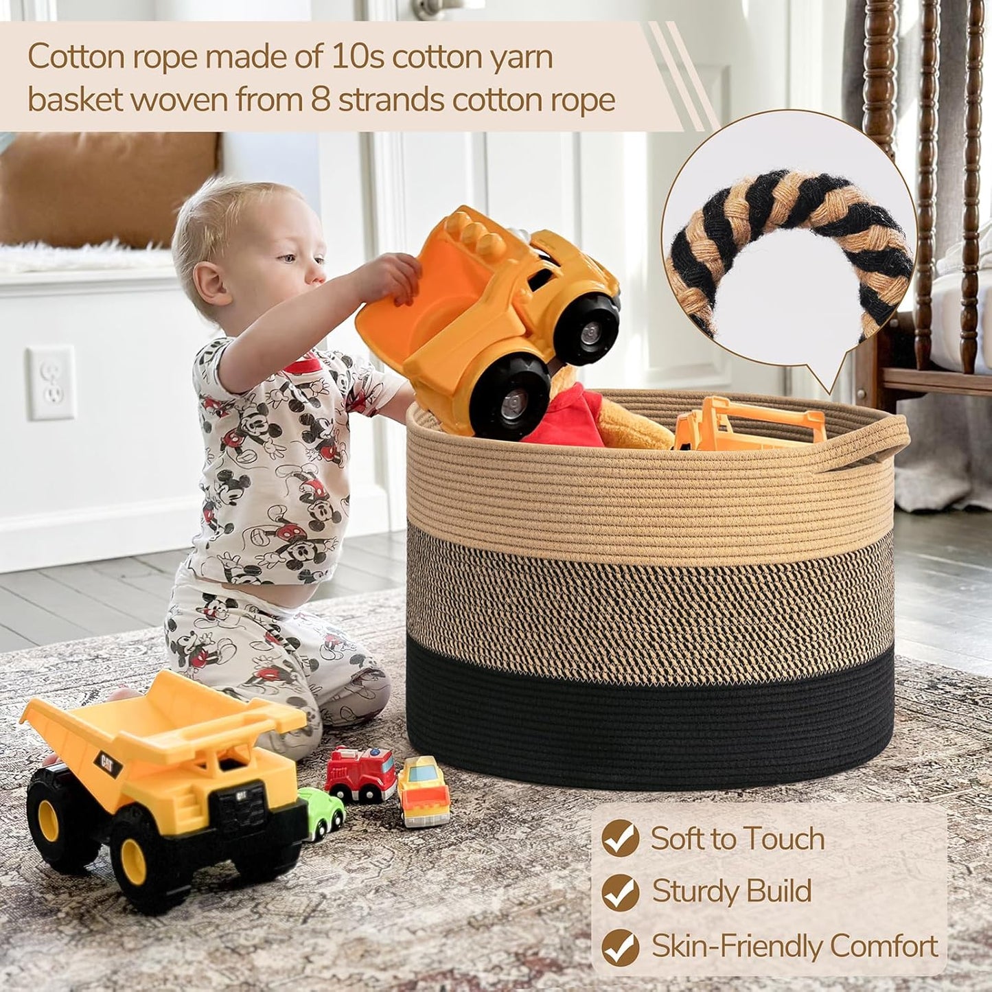 INDRESSME XXXLarge Blanket Basket for Living Room 21.7" x 21.7" x 13.8"-Storage Basket with Handle for Organizing Toy Pillows Woven Cotton Rope Laundry Basket Stuffed Animal Toy Storage for Play Room