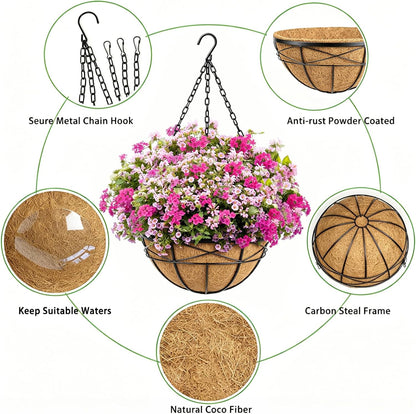 4 Pack 12 Inch Hanging Planters for Outdoor Plants Metal Watering Flower Baskets with Coco Liner for Outside Panting Plant Holder Pot for Home Garden Porch Balcony Railings Decor