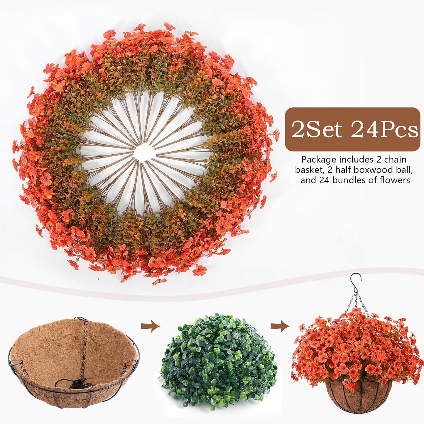 Hananona 2 Set Artificial Outdoor Flowers with Hanging Basket, 2 Hanging Planters with 24 Pcs Flowers for Spring Summer Front Porch Garden Patio Home Decor (2, Red, Purple, Yellow, Rose Red)