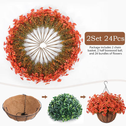 Hananona 2 Set Artificial Outdoor Flowers with Hanging Basket, 2 Hanging Planters with 24 Pcs Flowers for Spring Summer Front Porch Garden Patio Home Decor (2, Red, Purple, Yellow, Rose Red)