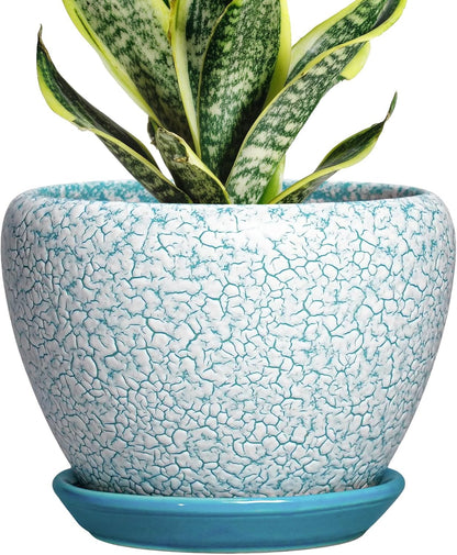 6 Inch Plant Pot - Ceramic Pots for Plants with Drainage Hole and Saucer, Round Succulent Planter Indoor Outdoor, Modern Flower Pot for Snake Plants, Home Decor, Gifts for Plant Lover, Blue